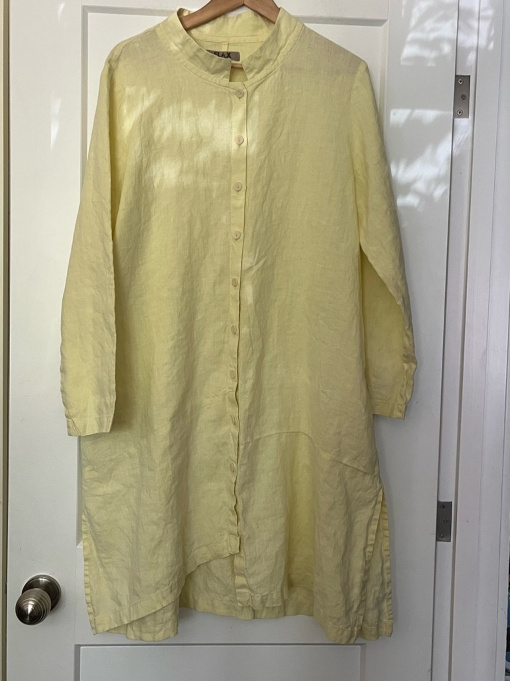 FLAX 100% Linen Butter Yellow Oversized Lagenlook  Asymmetrical Hem Midi Dress S